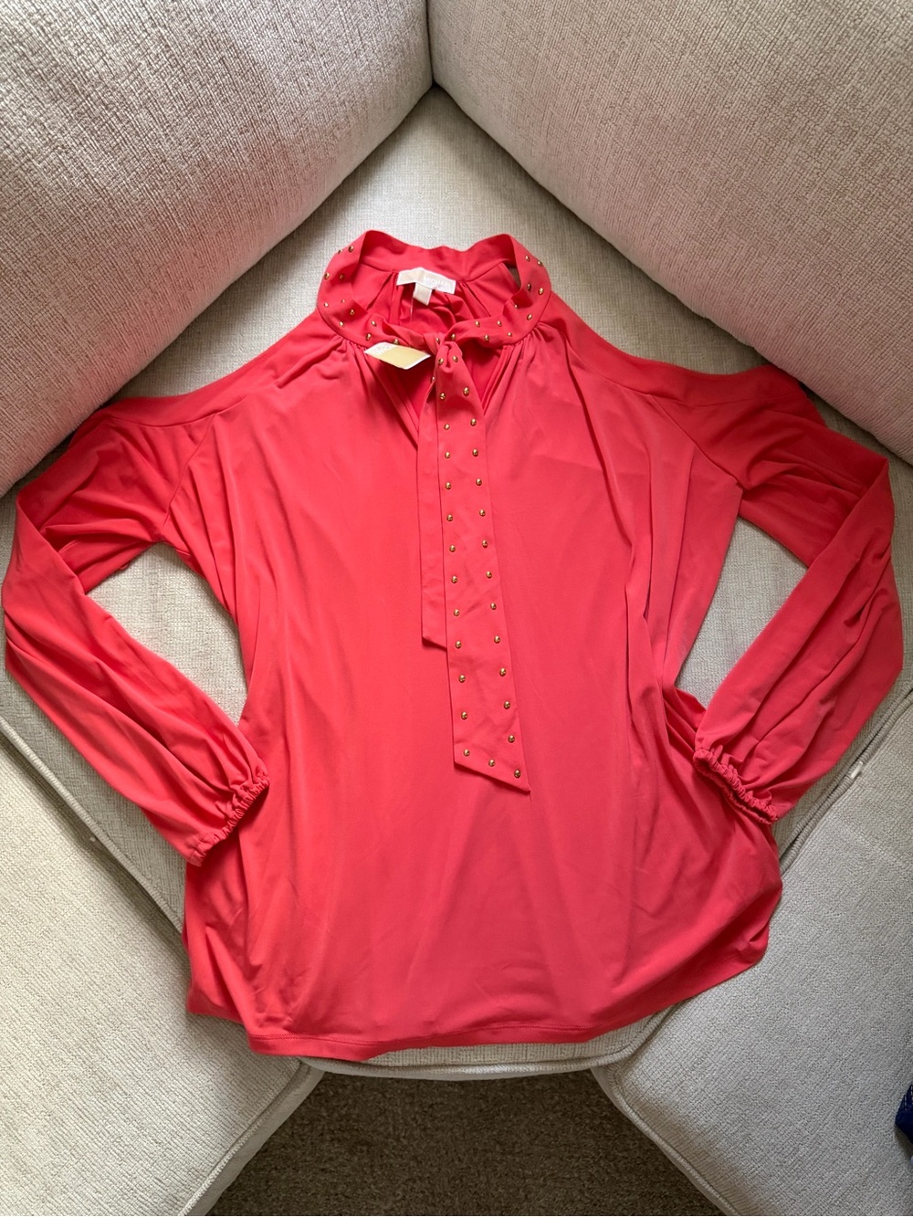 Michael Kors Coral-Red Tie Neck Blouse with Stud Accents